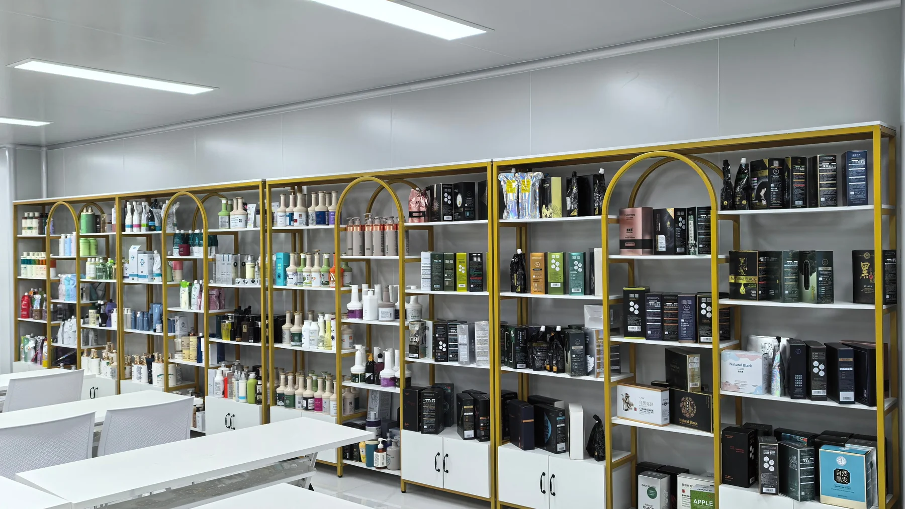Hair care product display inside the Kaiyi showroom